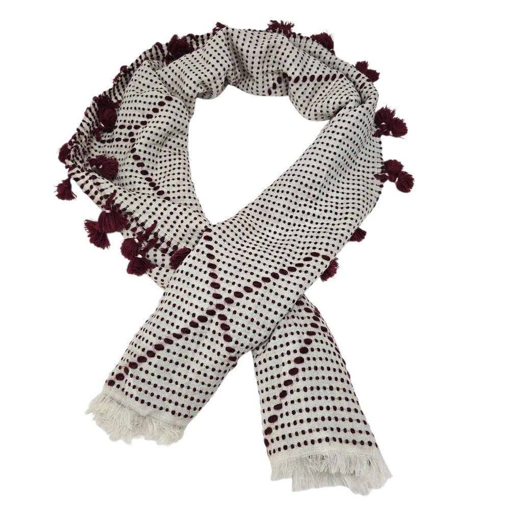Madewell Wool Blend Tassel Scarf Cream Burgundy Polka Dot G0168 HO16